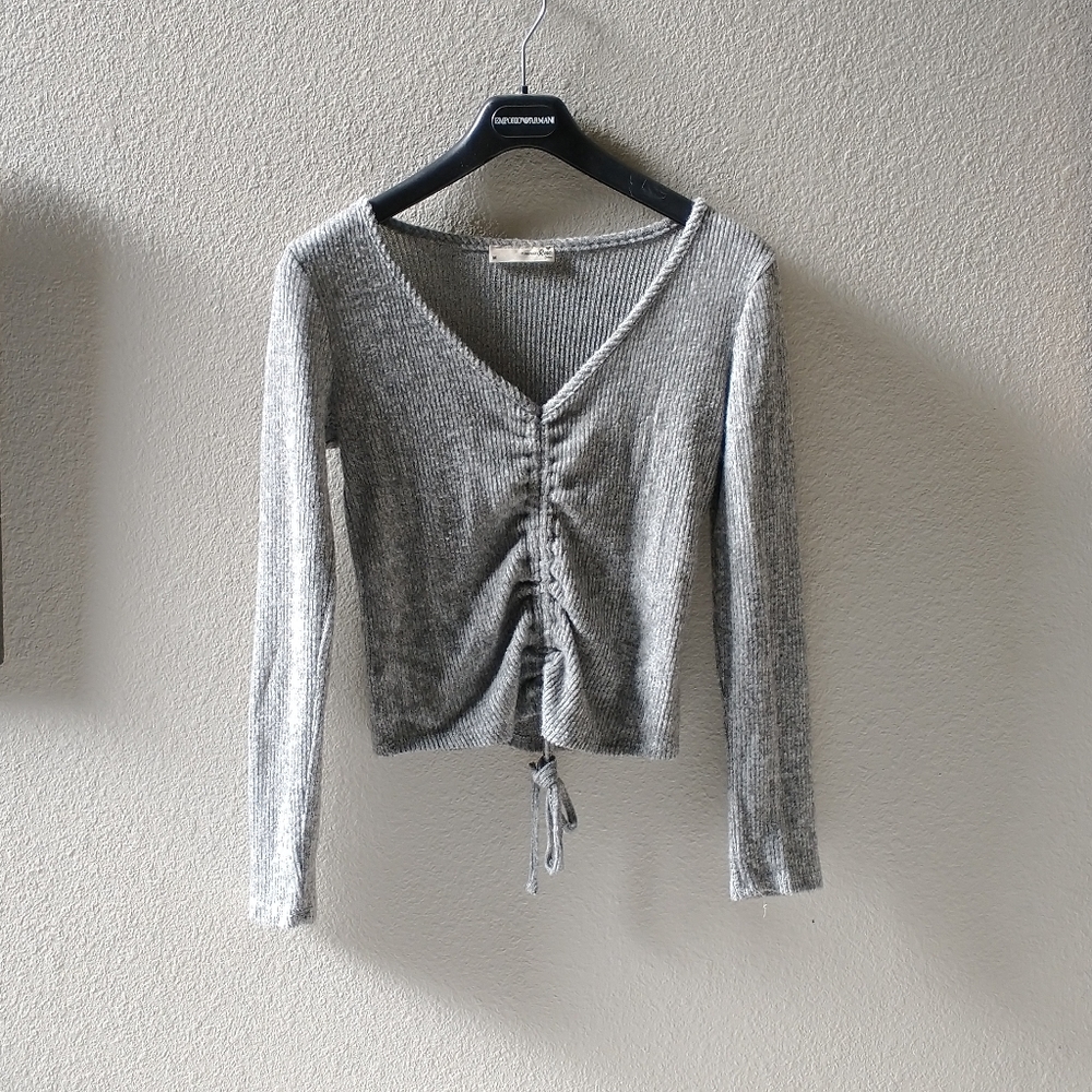 Forever Rose Grey long sleeve ruched crop top with front drawstring